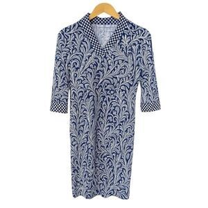 J.McLaughlin Leaf Print Catalina Dress – Navy, Ruffle Neck, Small